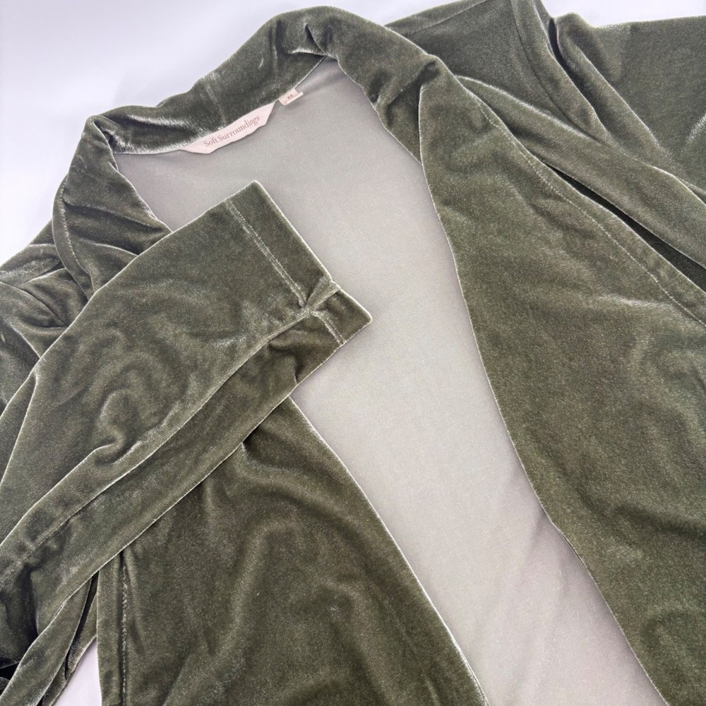 Soft Surroundings Velvet Duster Cardigan Jacket‎ Green Shawl Collar Pockets XS
